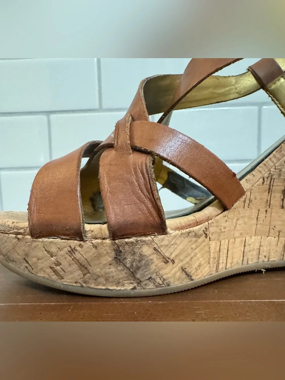 GUESS Brown Leather Crisscross Wedge Sandals